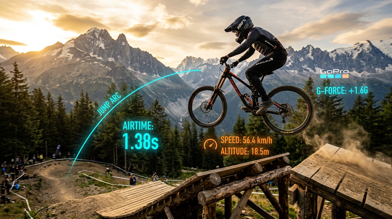 Vététiste de descente en vol au-dessus d'un saut alpin avec télémétrie numérique FlowLap