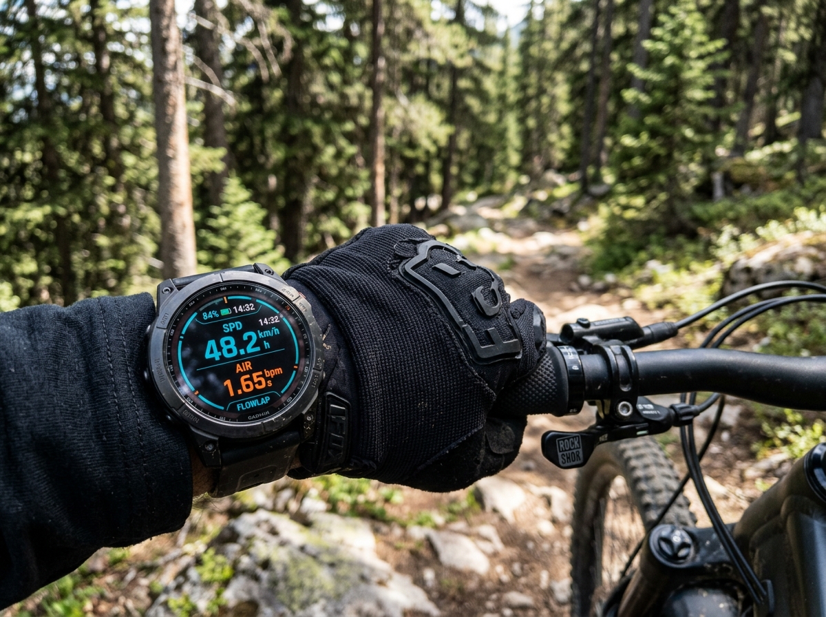 Montre Garmin affichant l'application FlowLap sur le guidon d'un vélo de descente en forêt